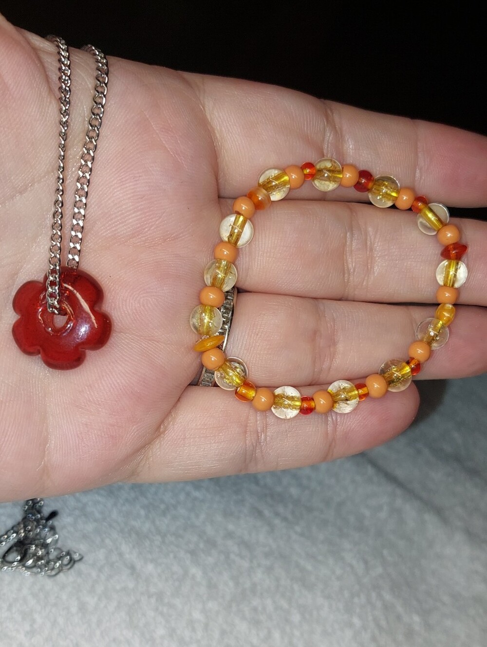 Handcrafted Glass Orange and Amber Beaded Stretch Bracelet And Necklace